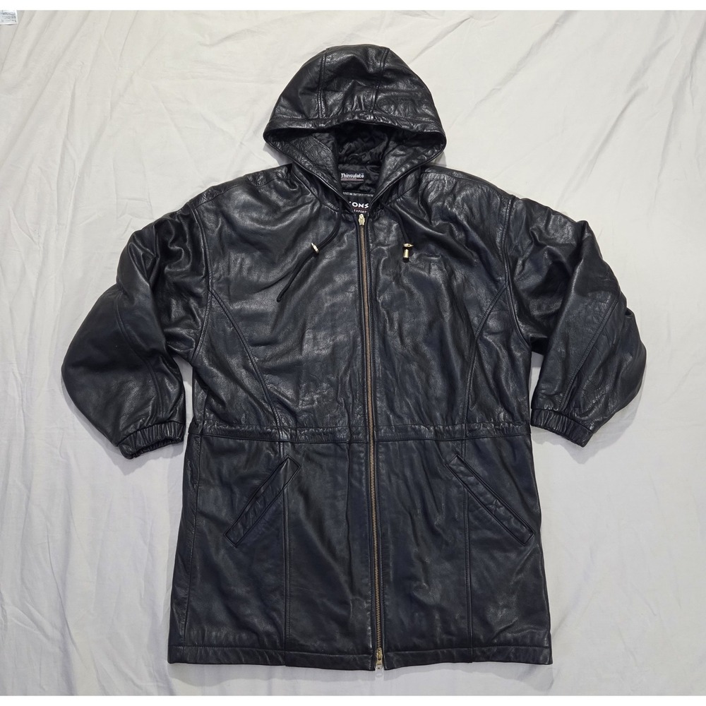 Vtg Wilsons Leather Hooded Black Trench Jacket Women's Sz M Quilt Lined Parka
